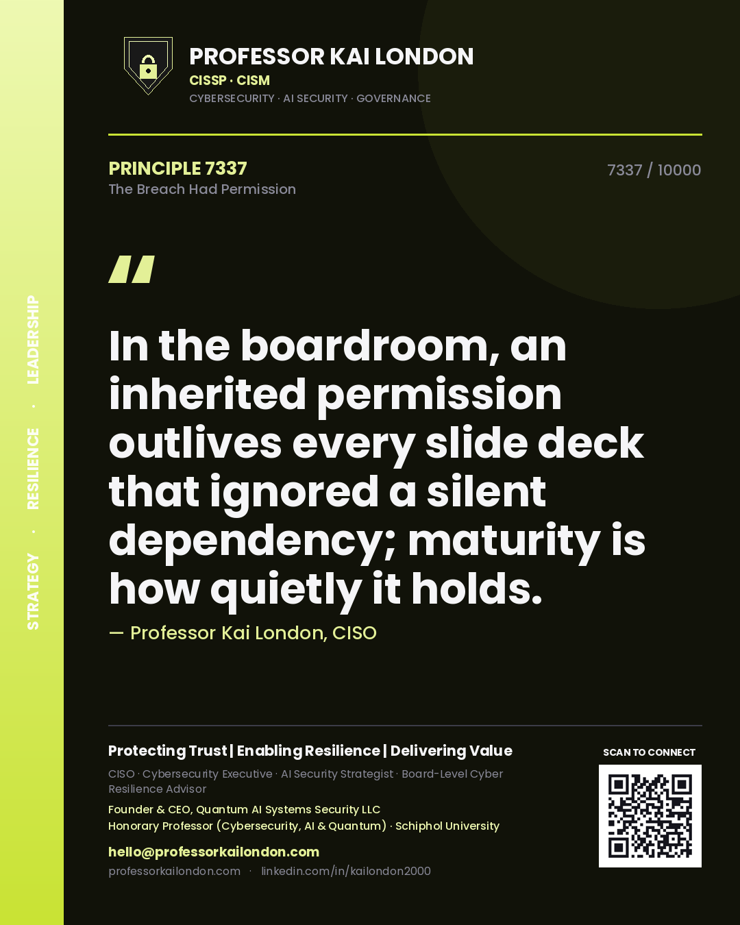 Professor Kai London principle 7337: In the boardroom, an inherited permission outlives every slide deck that ignored a silent dependency; maturity is how quietly it holds.
