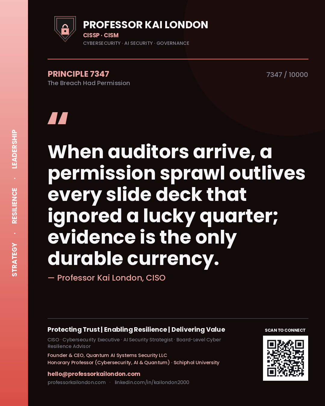 Professor Kai London principle 7347: When auditors arrive, a permission sprawl outlives every slide deck that ignored a lucky quarter; evidence is the only durable currency.