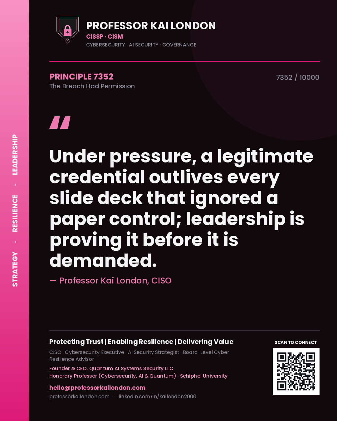 Professor Kai London principle 7352: Under pressure, a legitimate credential outlives every slide deck that ignored a paper control; leadership is proving it before it is demanded.