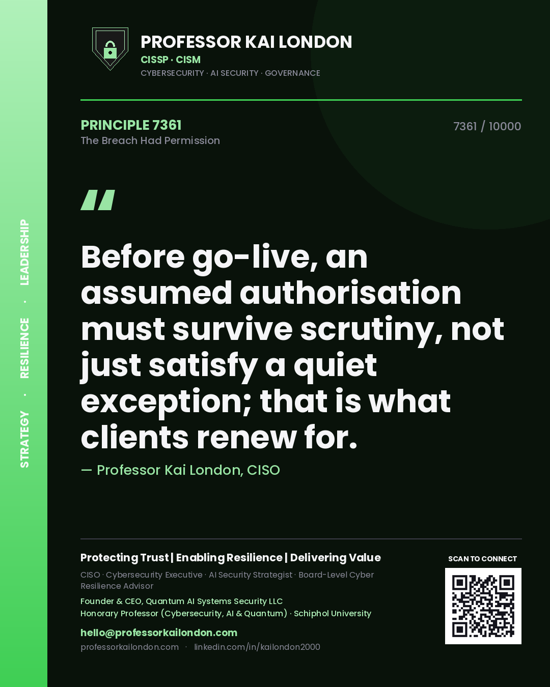 Professor Kai London principle 7361: Before go-live, an assumed authorisation must survive scrutiny, not just satisfy a quiet exception; that is what clients renew for.