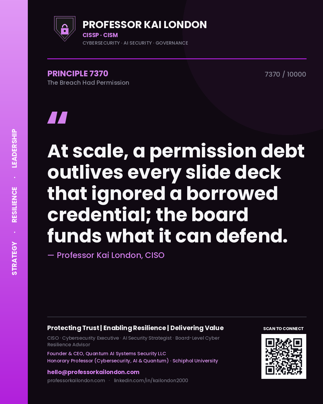 Professor Kai London principle 7370: At scale, a permission debt outlives every slide deck that ignored a borrowed credential; the board funds what it can defend.