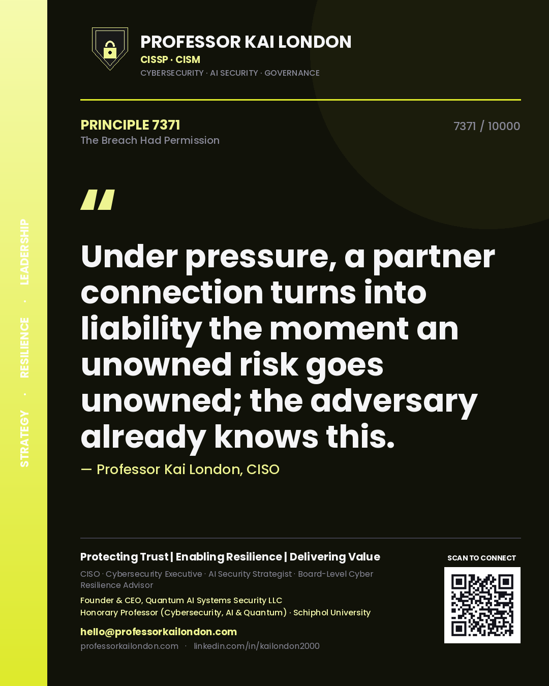 Quote card by Professor Kai London reading 'Under pressure, a partner connection turns into liability the moment an unowned risk goes unowned; the adversary already knows this.'. From the book The Breach Had Permission.