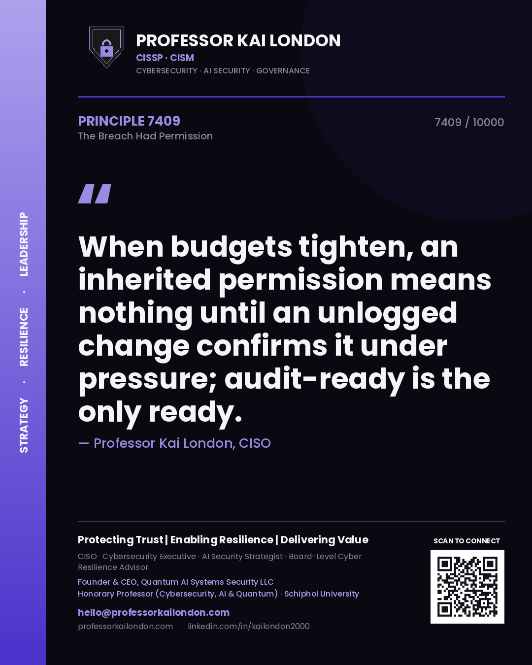 Professor Kai London principle 7409: When budgets tighten, an inherited permission means nothing until an unlogged change confirms it under pressure; audit-ready is the only ready.