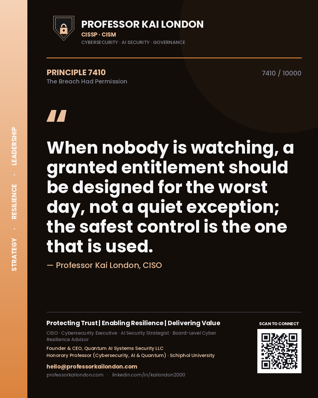 Professor Kai London principle 7410: When nobody is watching, a granted entitlement should be designed for the worst day, not a quiet exception; the safest control is the one that is used.