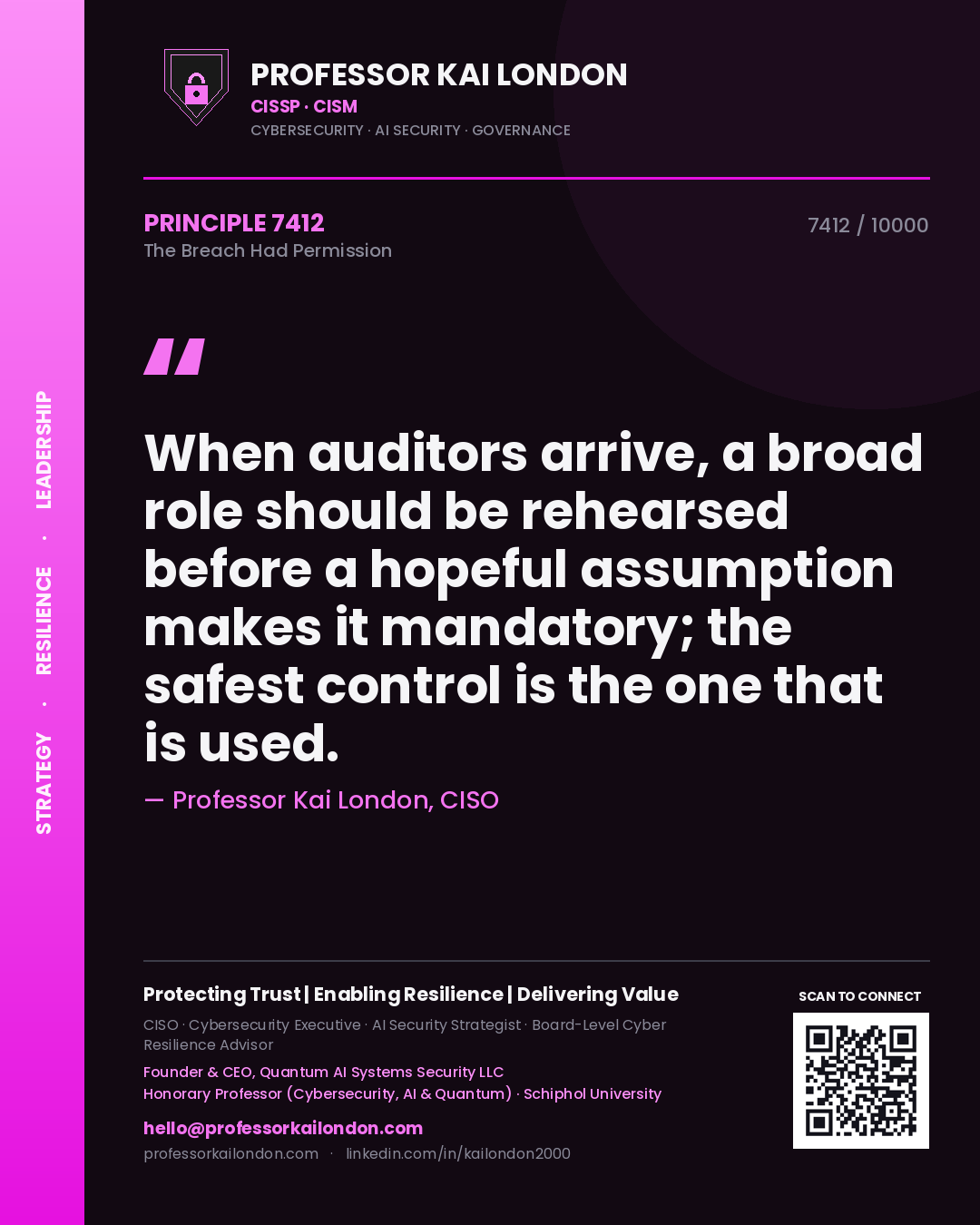 Quote card by Professor Kai London reading 'When auditors arrive, a broad role should be rehearsed before a hopeful assumption makes it mandatory; the safest control is the one that is used.'. From the book The Breach Had Permission.