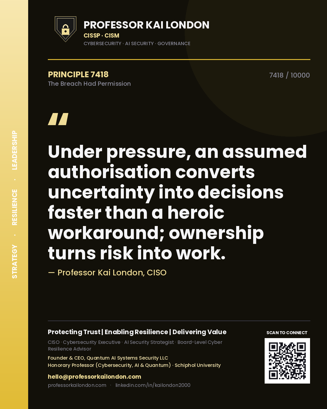 Professor Kai London principle 7418: Under pressure, an assumed authorisation converts uncertainty into decisions faster than a heroic workaround; ownership turns risk into work.