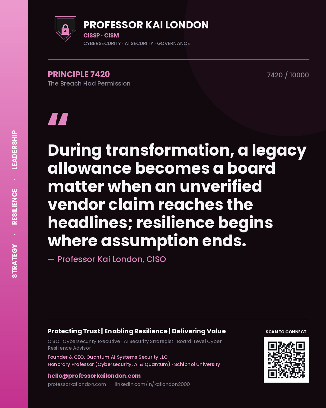 Quote card by Professor Kai London reading 'During transformation, a legacy allowance becomes a board matter when an unverified vendor claim reaches the headlines; resilience begins where assumption ends.'. From the book The Breach Had Permission.