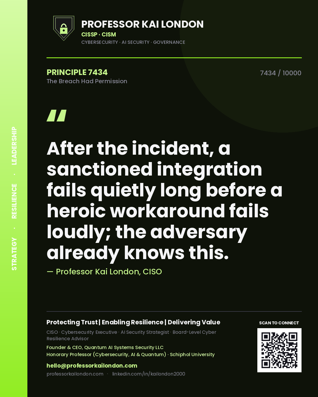 Professor Kai London principle 7434: After the incident, a sanctioned integration fails quietly long before a heroic workaround fails loudly; the adversary already knows this.