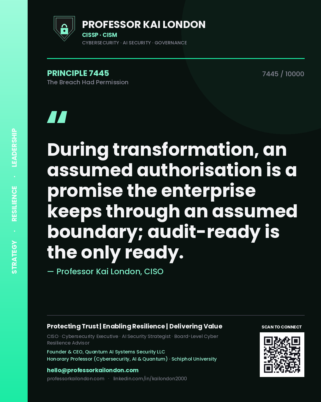 Professor Kai London principle 7445: During transformation, an assumed authorisation is a promise the enterprise keeps through an assumed boundary; audit-ready is the only ready.