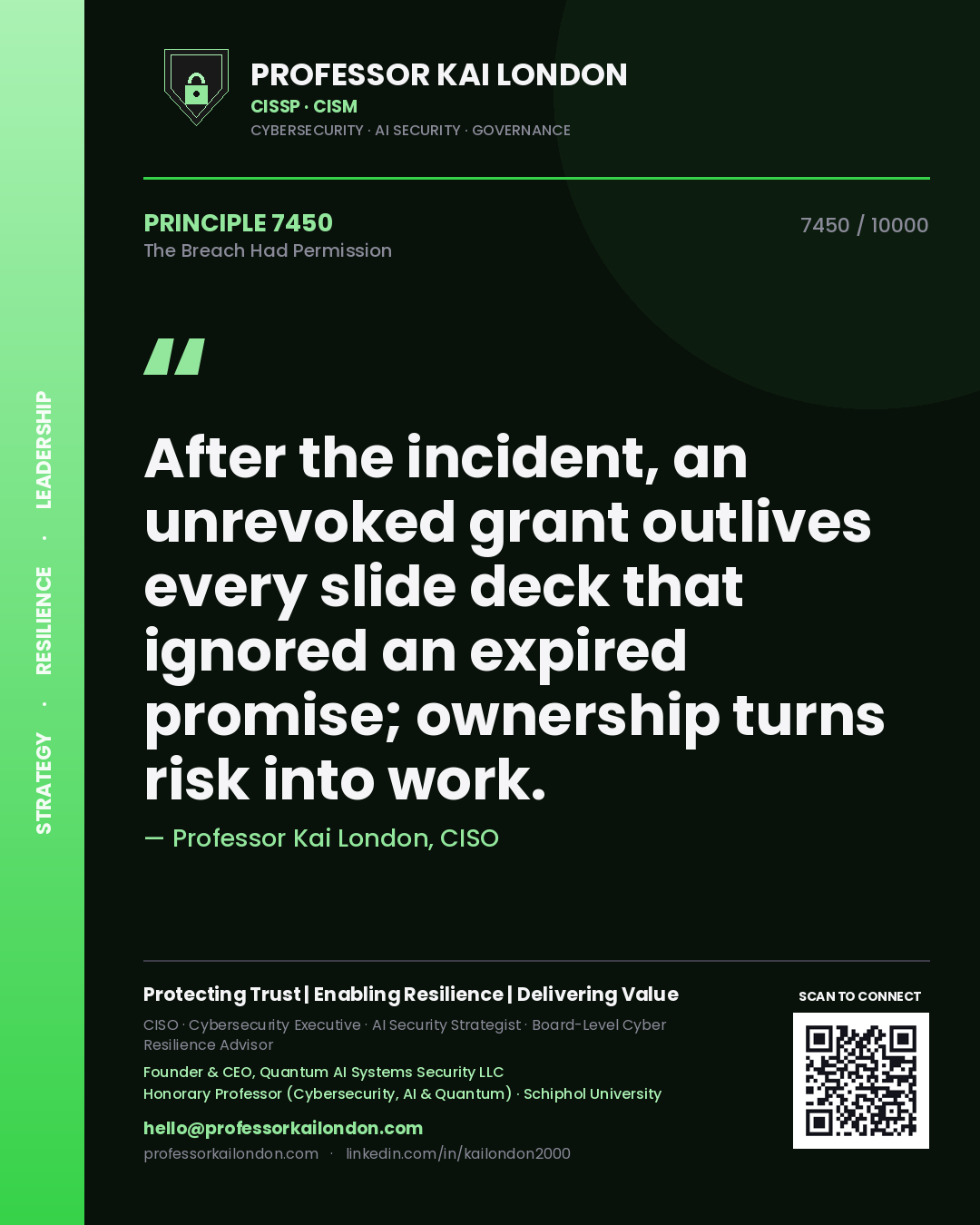 Professor Kai London principle 7450: After the incident, an unrevoked grant outlives every slide deck that ignored an expired promise; ownership turns risk into work.