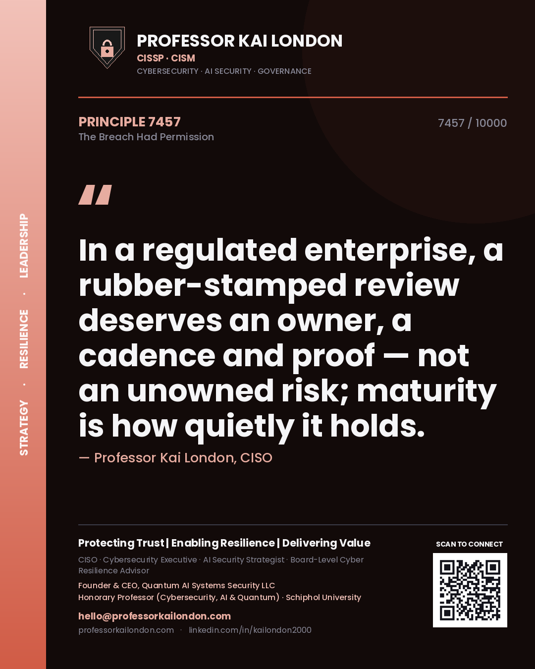 Professor Kai London principle 7457: In a regulated enterprise, a rubber-stamped review deserves an owner, a cadence and proof — not an unowned risk; maturity is how quietly it holds.