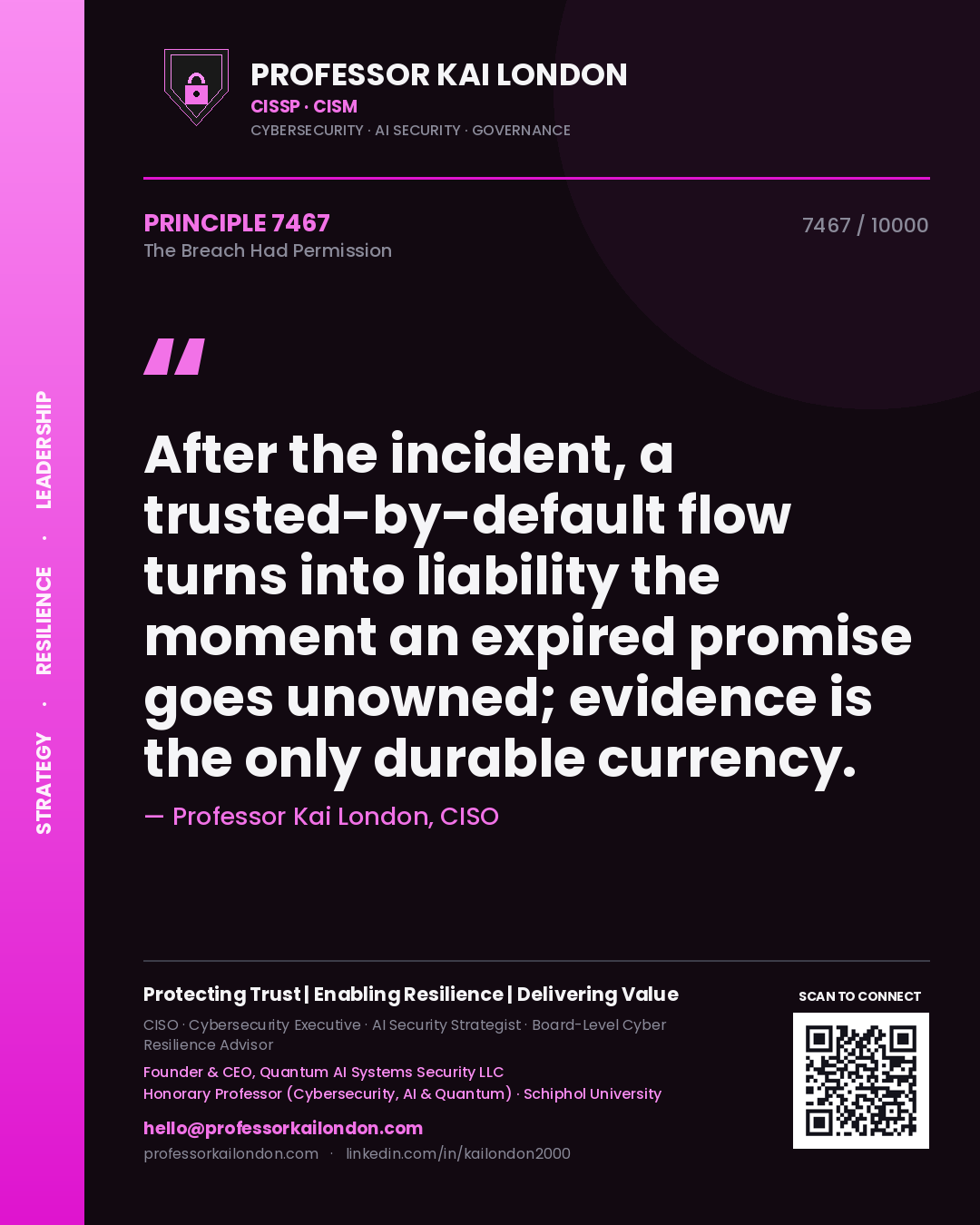 Professor Kai London principle 7467: After the incident, a trusted-by-default flow turns into liability the moment an expired promise goes unowned; evidence is the only durable currency.