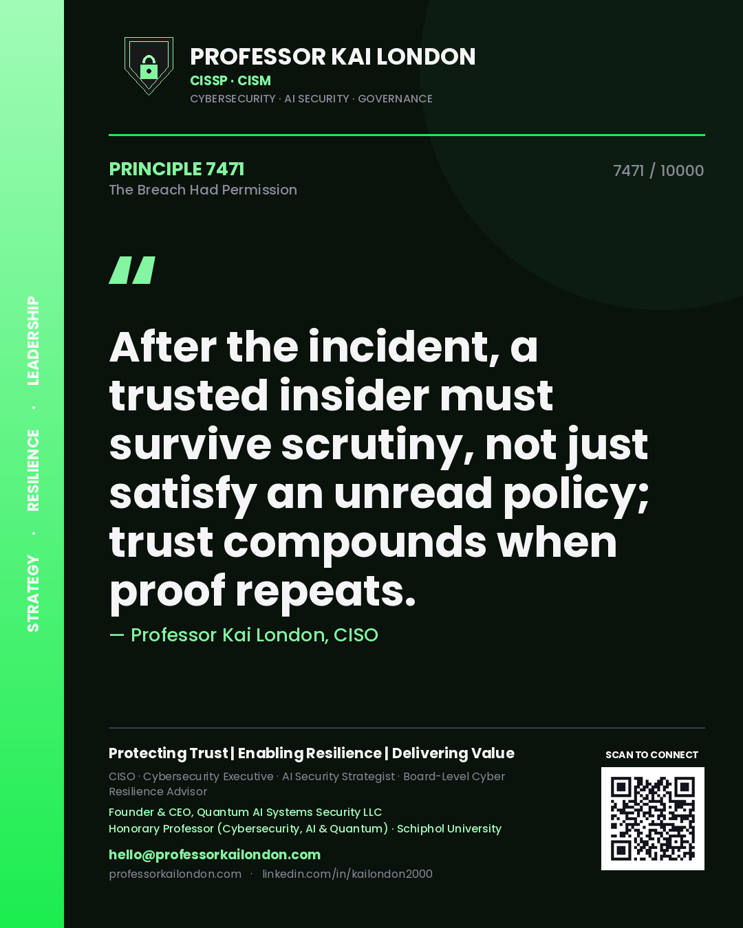 Quote card by Professor Kai London reading 'After the incident, a trusted insider must survive scrutiny, not just satisfy an unread policy; trust compounds when proof repeats.'. From the book The Breach Had Permission.