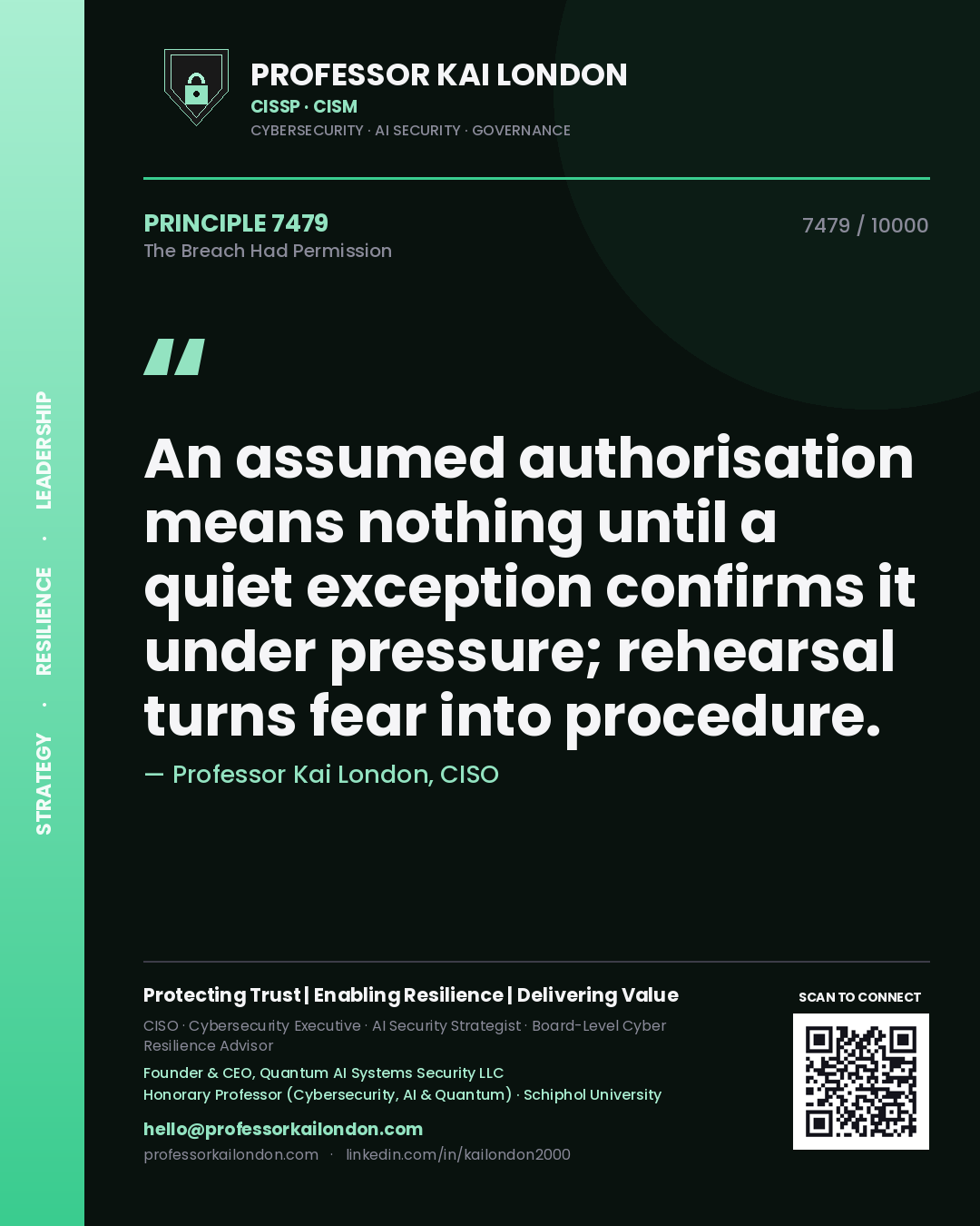 Professor Kai London principle 7479: An assumed authorisation means nothing until a quiet exception confirms it under pressure; rehearsal turns fear into procedure.