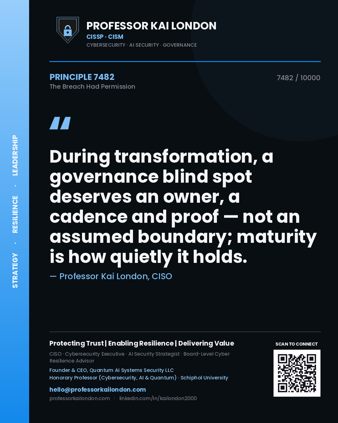 Professor Kai London principle 7482: During transformation, a governance blind spot deserves an owner, a cadence and proof — not an assumed boundary; maturity is how quietly it holds.