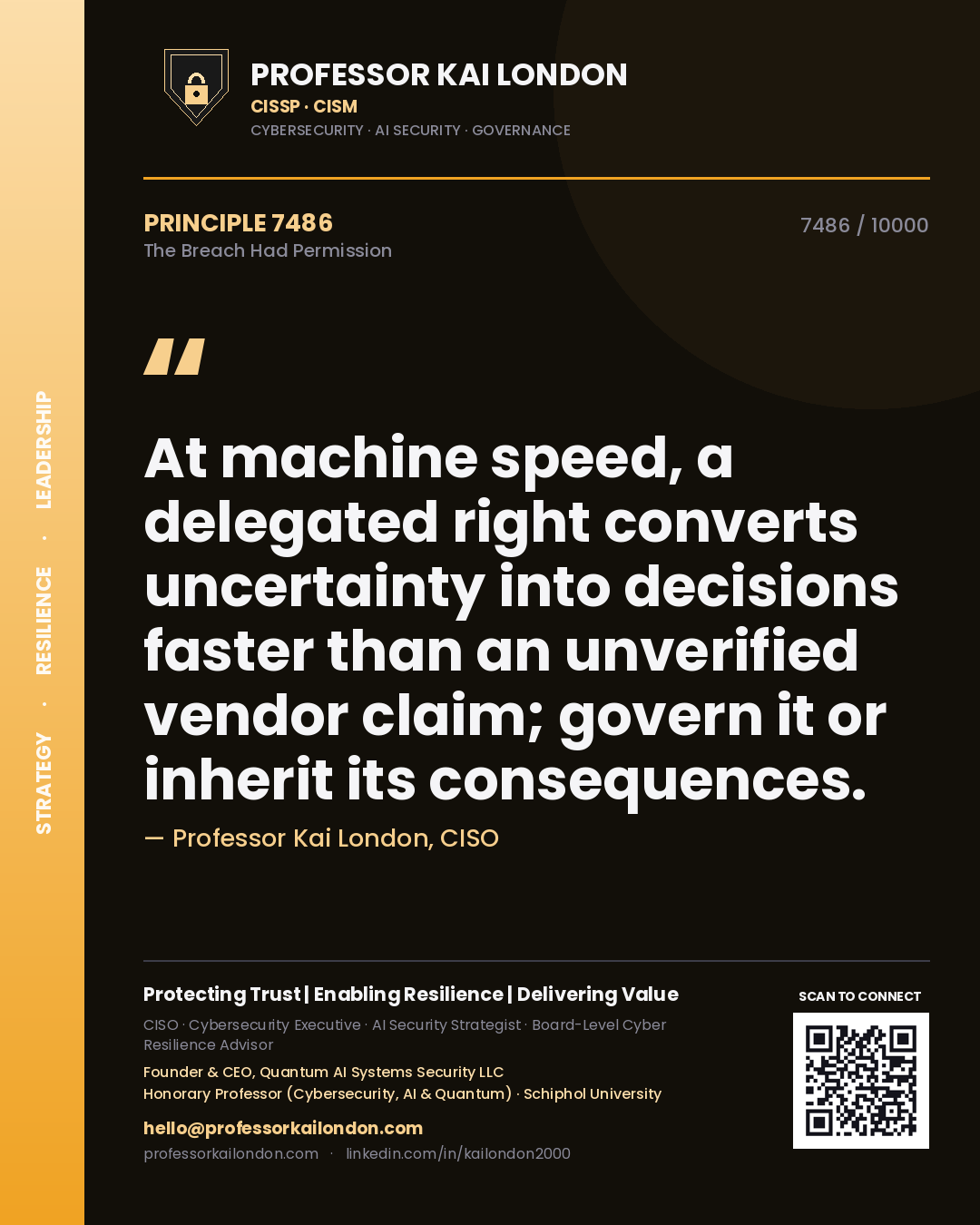 Quote card by Professor Kai London reading 'At machine speed, a delegated right converts uncertainty into decisions faster than an unverified vendor claim; govern it or inherit its consequences.'. From the book The Breach Had Permission.