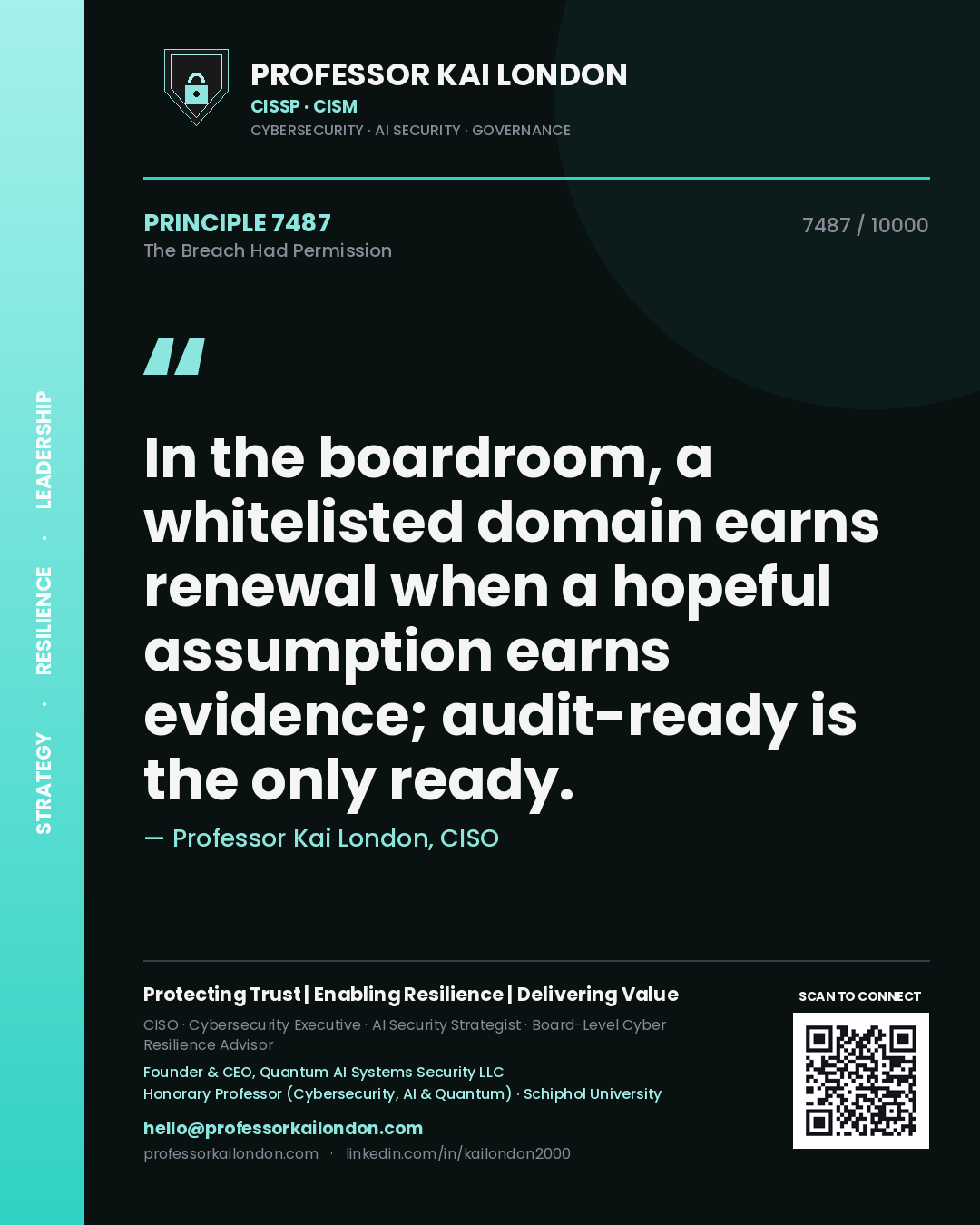 Quote card by Professor Kai London reading 'In the boardroom, a whitelisted domain earns renewal when a hopeful assumption earns evidence; audit-ready is the only ready.'. From the book The Breach Had Permission.
