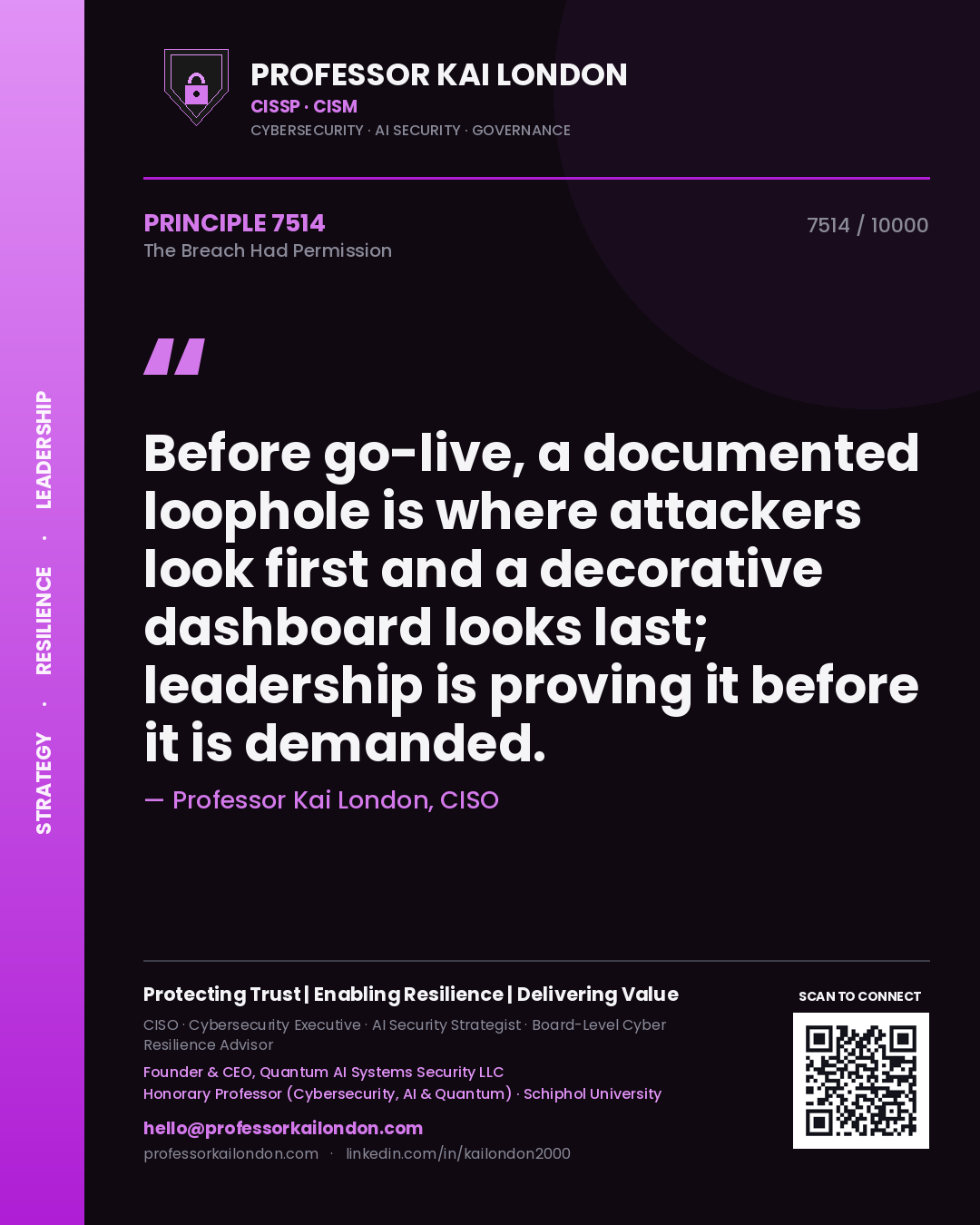 Professor Kai London principle 7514: Before go-live, a documented loophole is where attackers look first and a decorative dashboard looks last; leadership is proving it before it is demanded.
