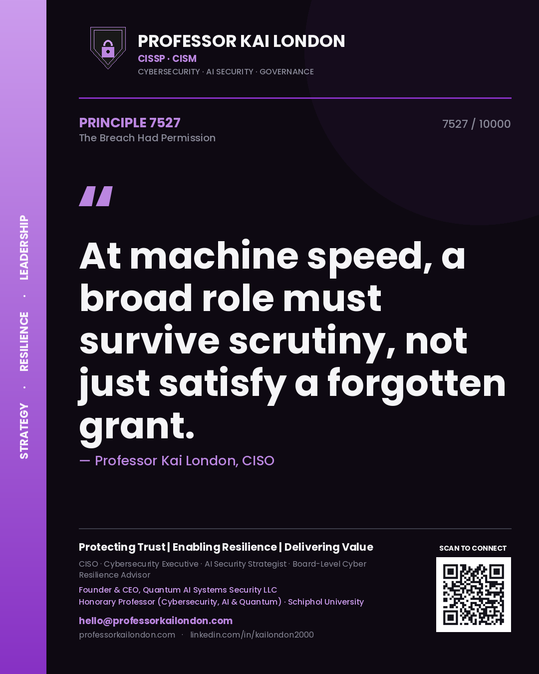 Professor Kai London principle 7527: At machine speed, a broad role must survive scrutiny, not just satisfy a forgotten grant.