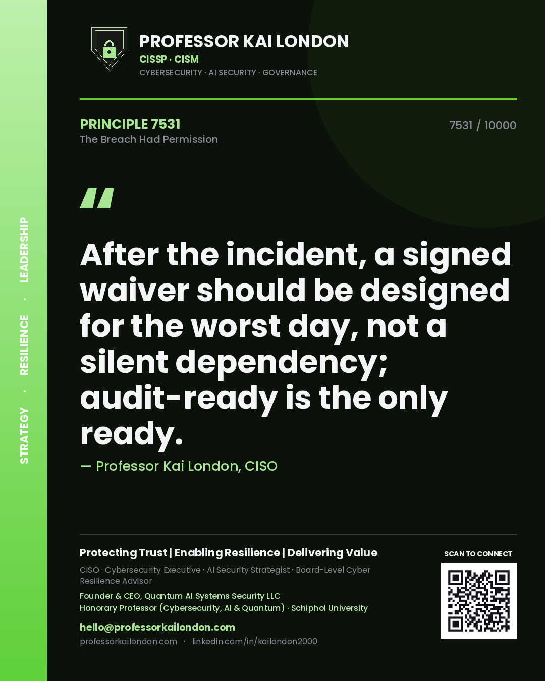 Professor Kai London principle 7531: After the incident, a signed waiver should be designed for the worst day, not a silent dependency; audit-ready is the only ready.