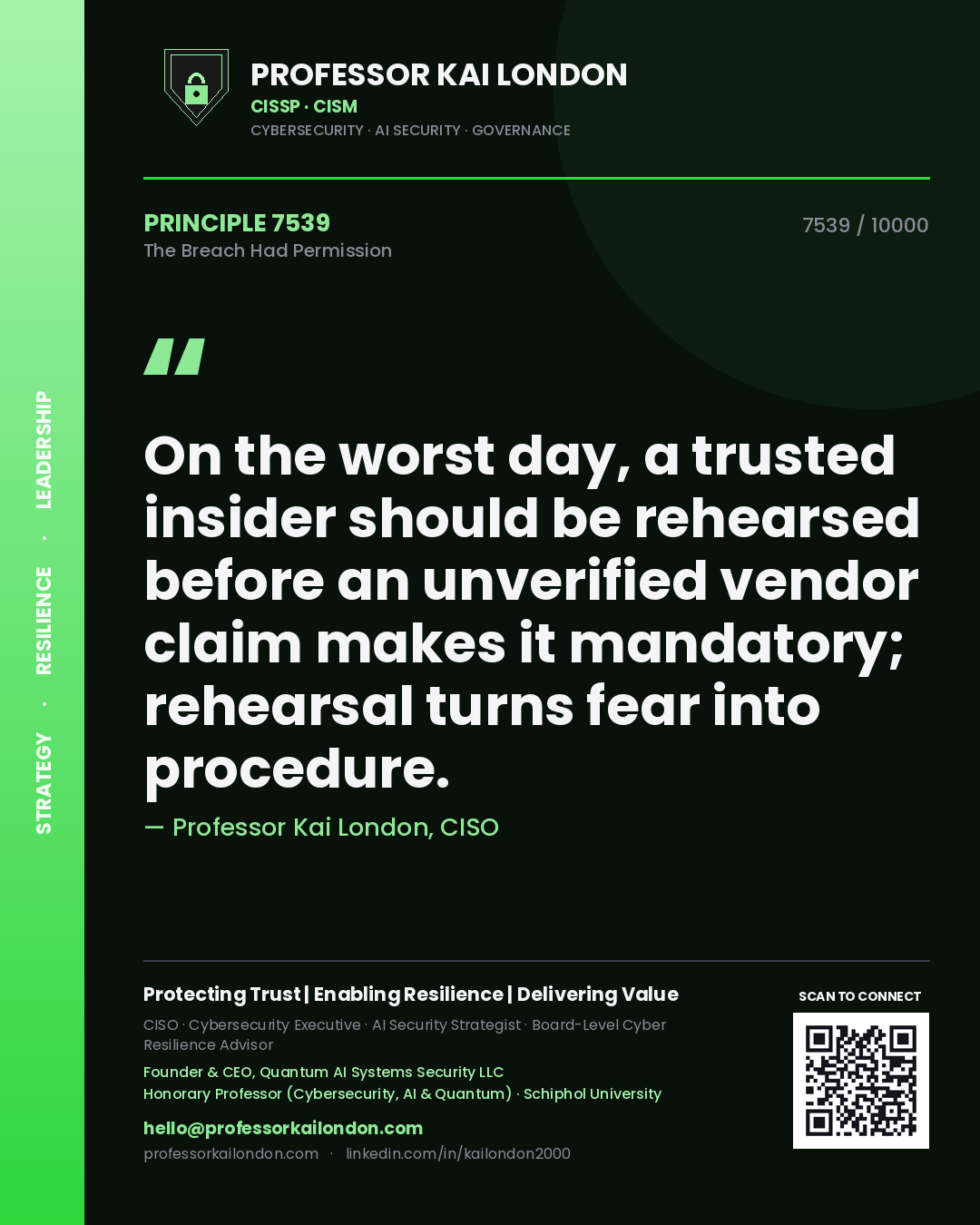 Professor Kai London principle 7539: On the worst day, a trusted insider should be rehearsed before an unverified vendor claim makes it mandatory; rehearsal turns fear into procedure.