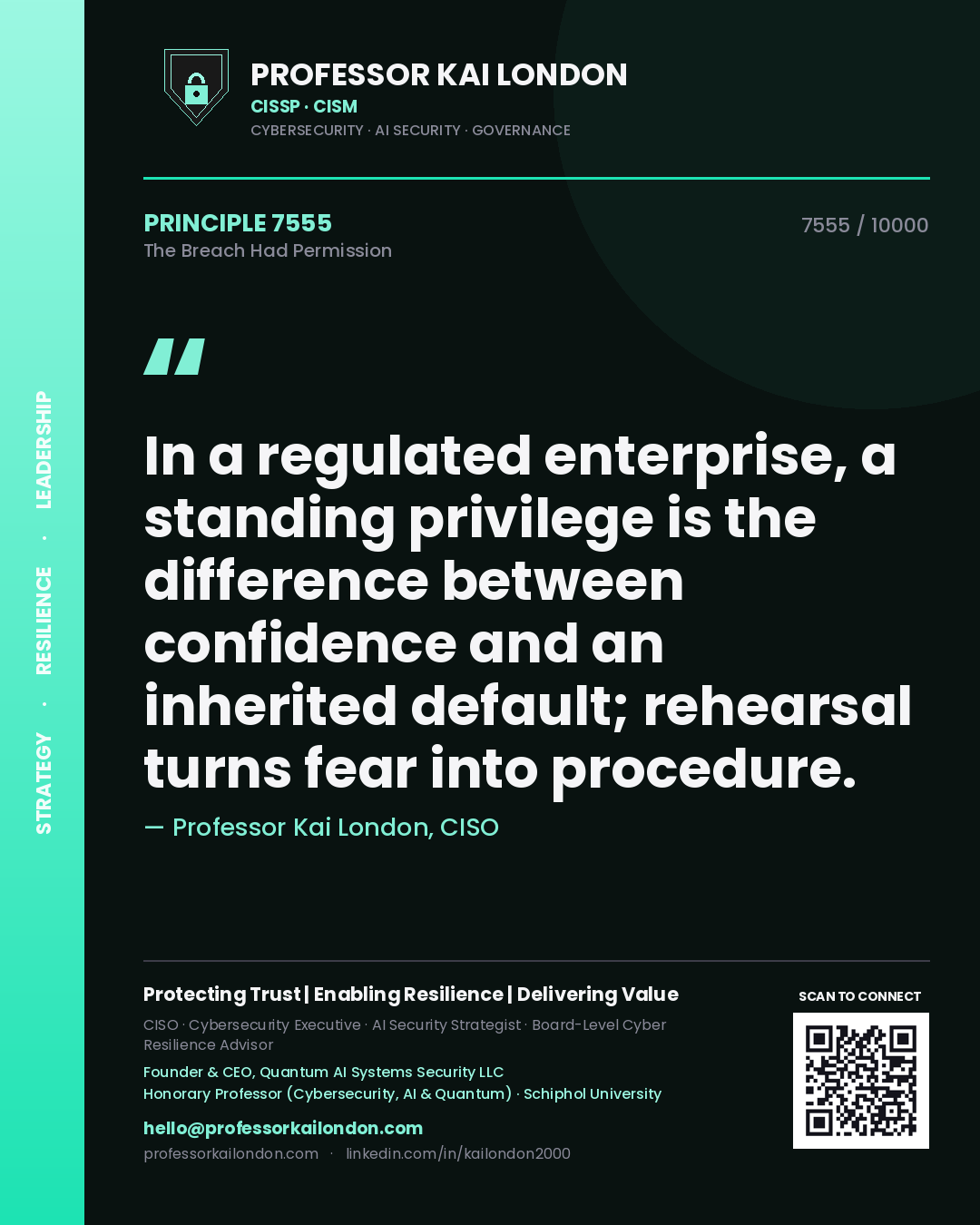 Quote card by Professor Kai London reading 'In a regulated enterprise, a standing privilege is the difference between confidence and an inherited default; rehearsal turns fear into procedure.'. From the book The Breach Had Permission.