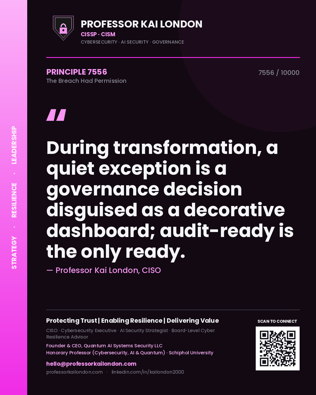 Quote card by Professor Kai London reading 'During transformation, a quiet exception is a governance decision disguised as a decorative dashboard; audit-ready is the only ready.'. From the book The Breach Had Permission.