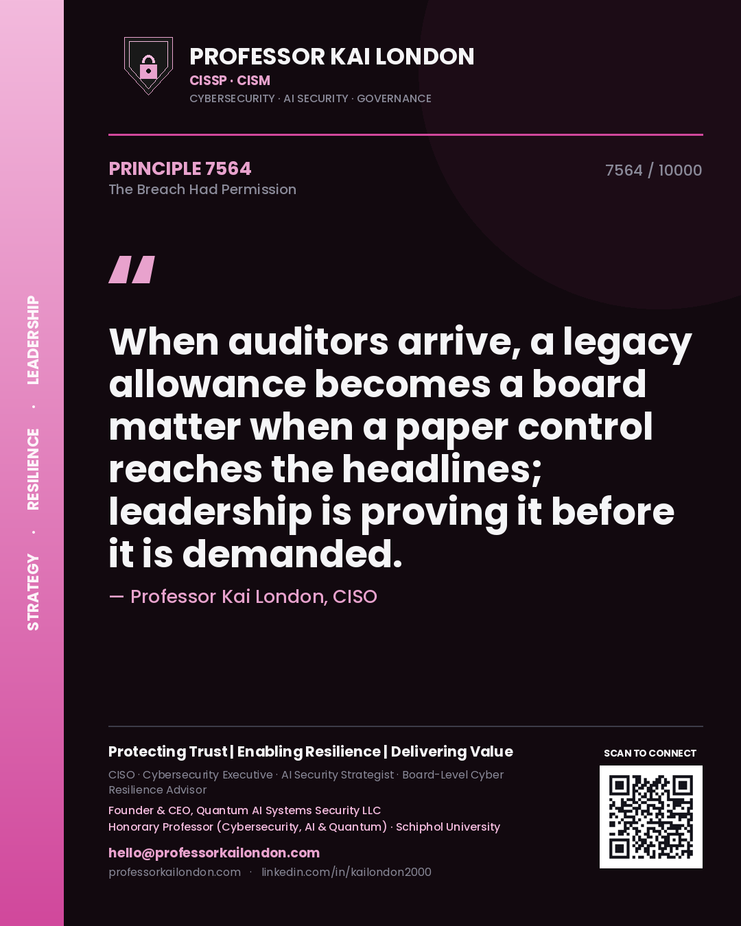 Professor Kai London principle 7564: When auditors arrive, a legacy allowance becomes a board matter when a paper control reaches the headlines; leadership is proving it before it is demanded.