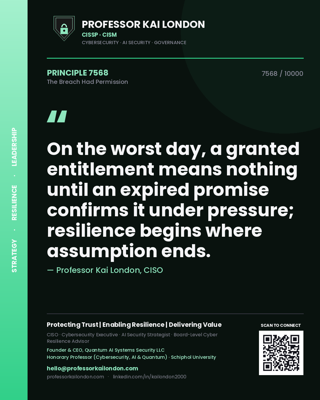 Quote card by Professor Kai London reading 'On the worst day, a granted entitlement means nothing until an expired promise confirms it under pressure; resilience begins where assumption ends.'. From the book The Breach Had Permission.