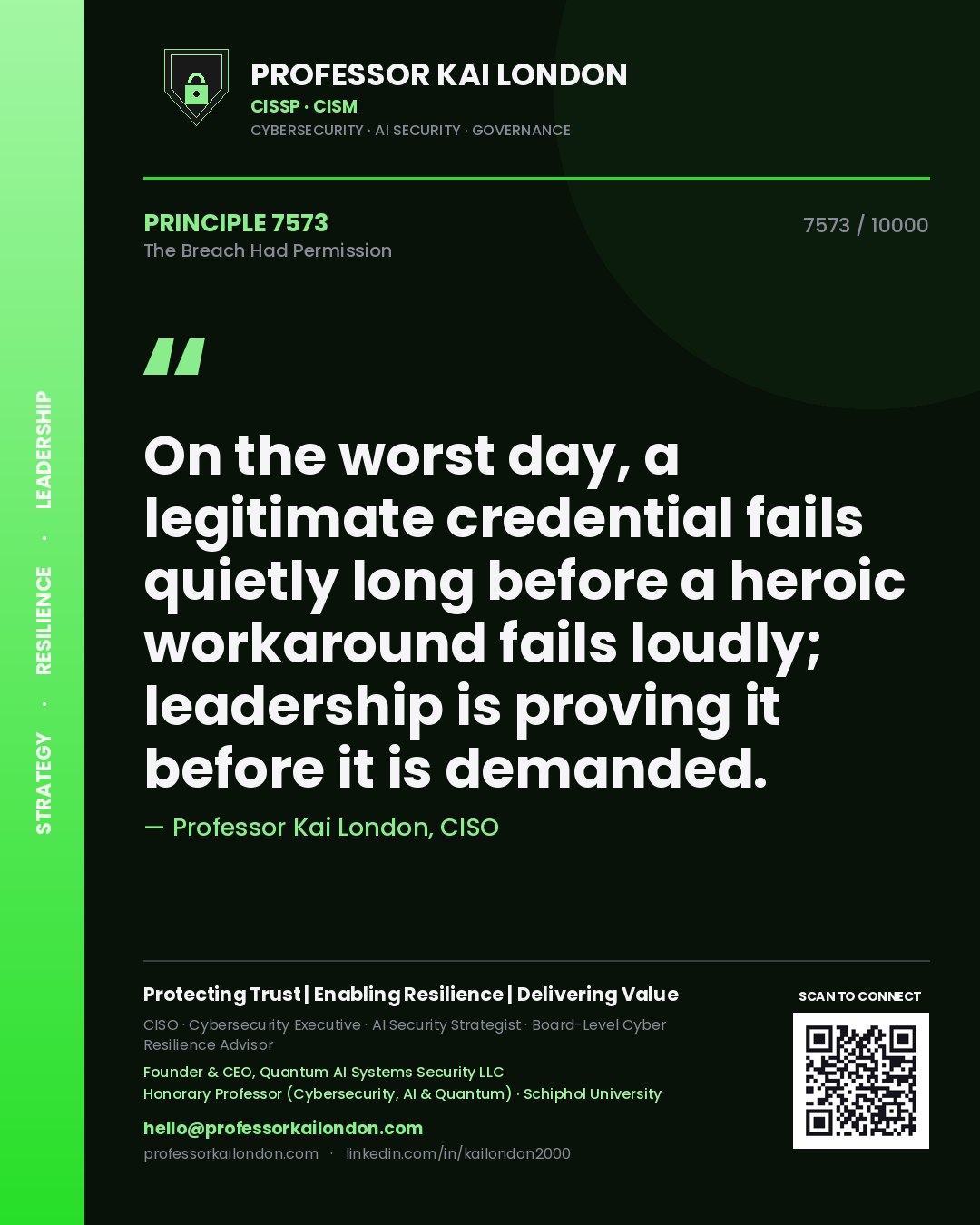 Quote card by Professor Kai London reading 'On the worst day, a legitimate credential fails quietly long before a heroic workaround fails loudly; leadership is proving it before it is demanded.'. From the book The Breach Had Permission.