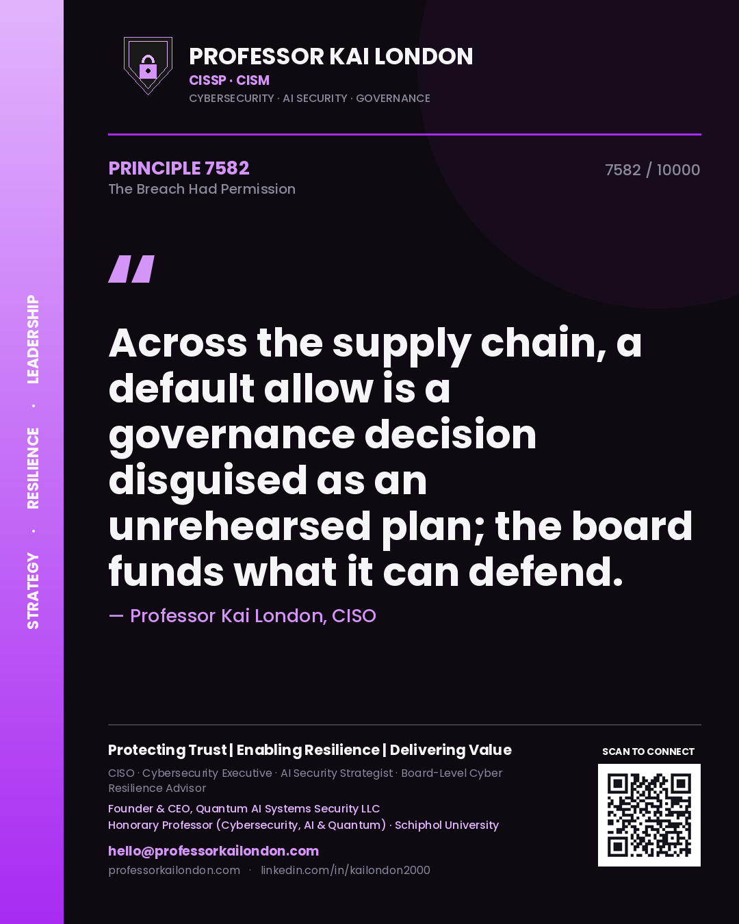 Quote card by Professor Kai London reading 'Across the supply chain, a default allow is a governance decision disguised as an unrehearsed plan; the board funds what it can defend.'. From the book The Breach Had Permission.