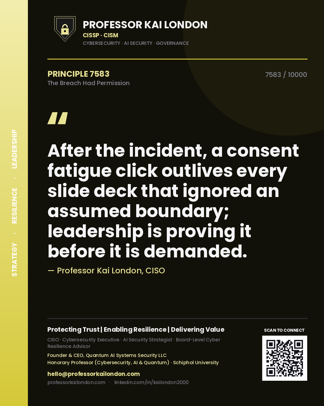 Professor Kai London principle 7583: After the incident, a consent fatigue click outlives every slide deck that ignored an assumed boundary; leadership is proving it before it is demanded.