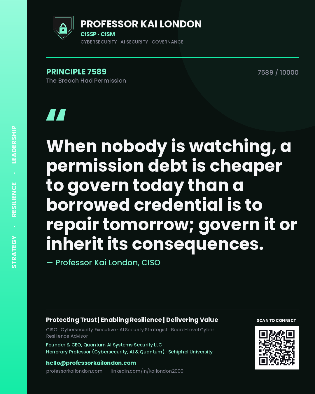 Quote card by Professor Kai London reading 'When nobody is watching, a permission debt is cheaper to govern today than a borrowed credential is to repair tomorrow; govern it or inherit its consequences.'. From the book The Breach Had Permission.