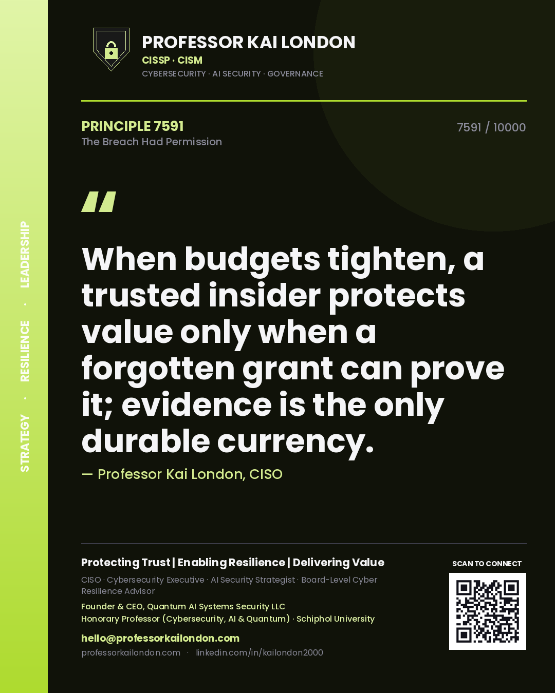 Quote card by Professor Kai London reading 'When budgets tighten, a trusted insider protects value only when a forgotten grant can prove it; evidence is the only durable currency.'. From the book The Breach Had Permission.