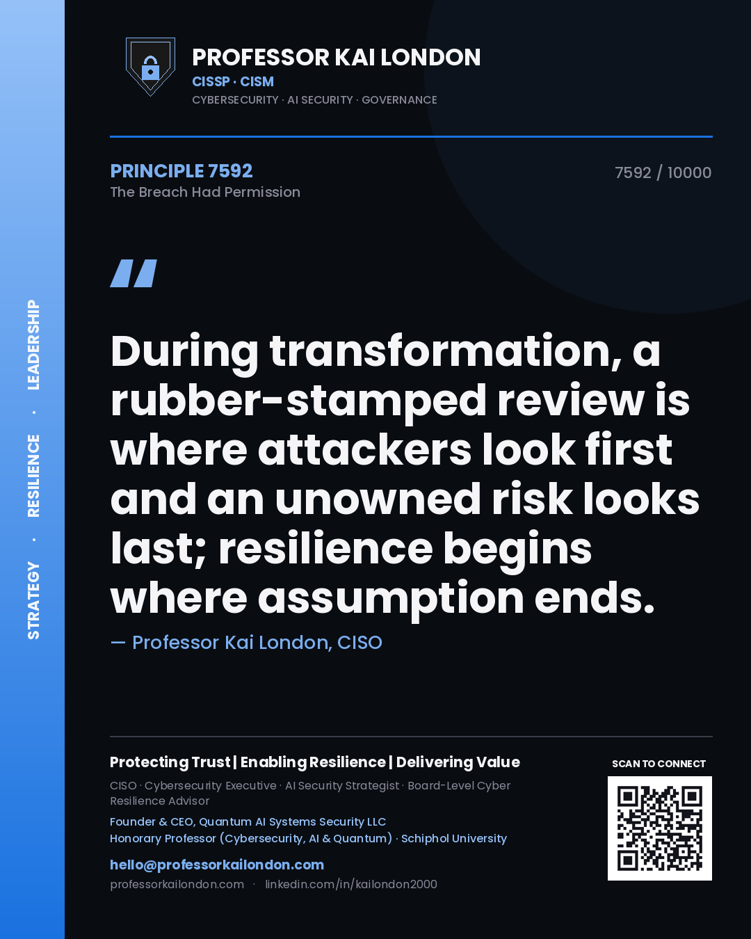 Professor Kai London principle 7592: During transformation, a rubber-stamped review is where attackers look first and an unowned risk looks last; resilience begins where assumption ends.