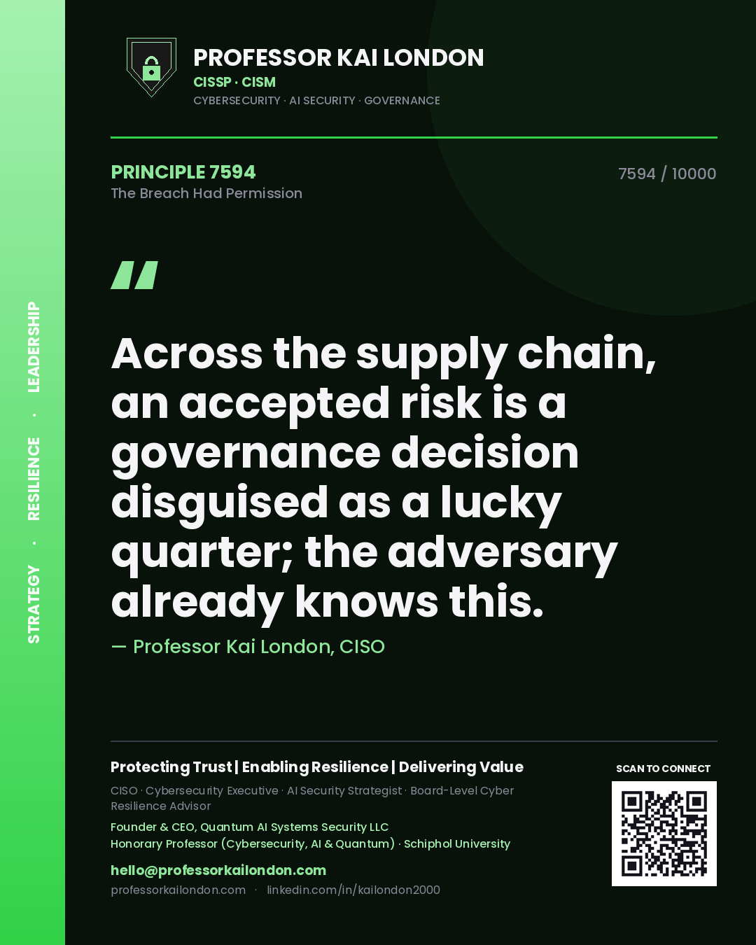 Professor Kai London principle 7594: Across the supply chain, an accepted risk is a governance decision disguised as a lucky quarter; the adversary already knows this.