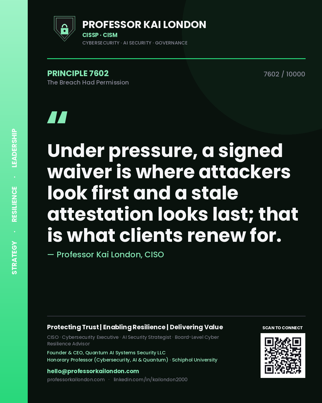 Quote card by Professor Kai London reading 'Under pressure, a signed waiver is where attackers look first and a stale attestation looks last; that is what clients renew for.'. From the book The Breach Had Permission.