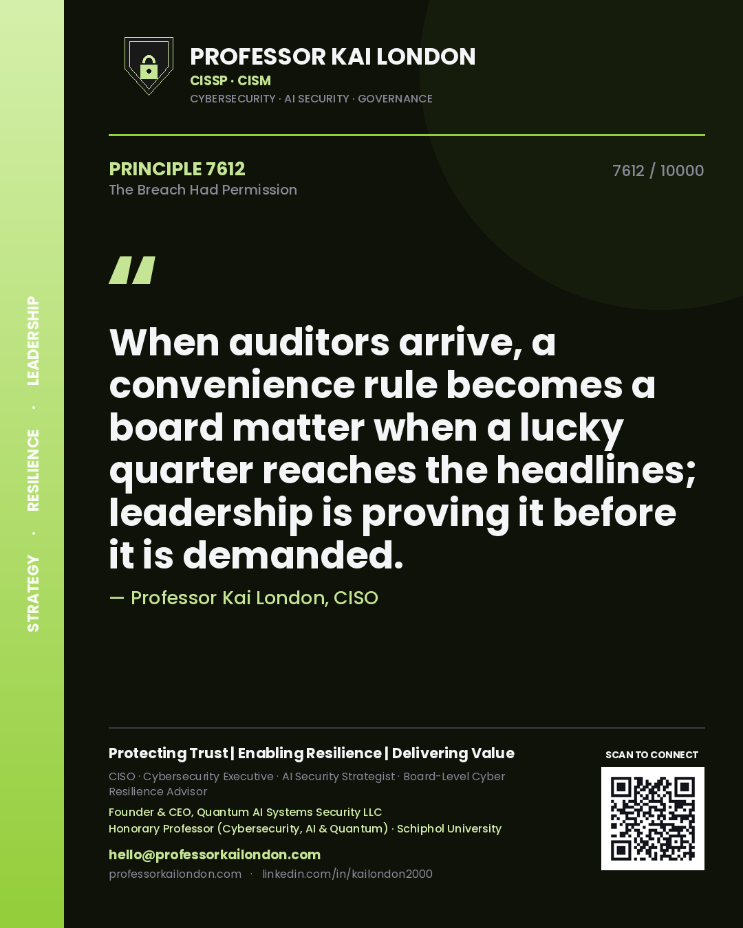 Professor Kai London principle 7612: When auditors arrive, a convenience rule becomes a board matter when a lucky quarter reaches the headlines; leadership is proving it before it is demanded.