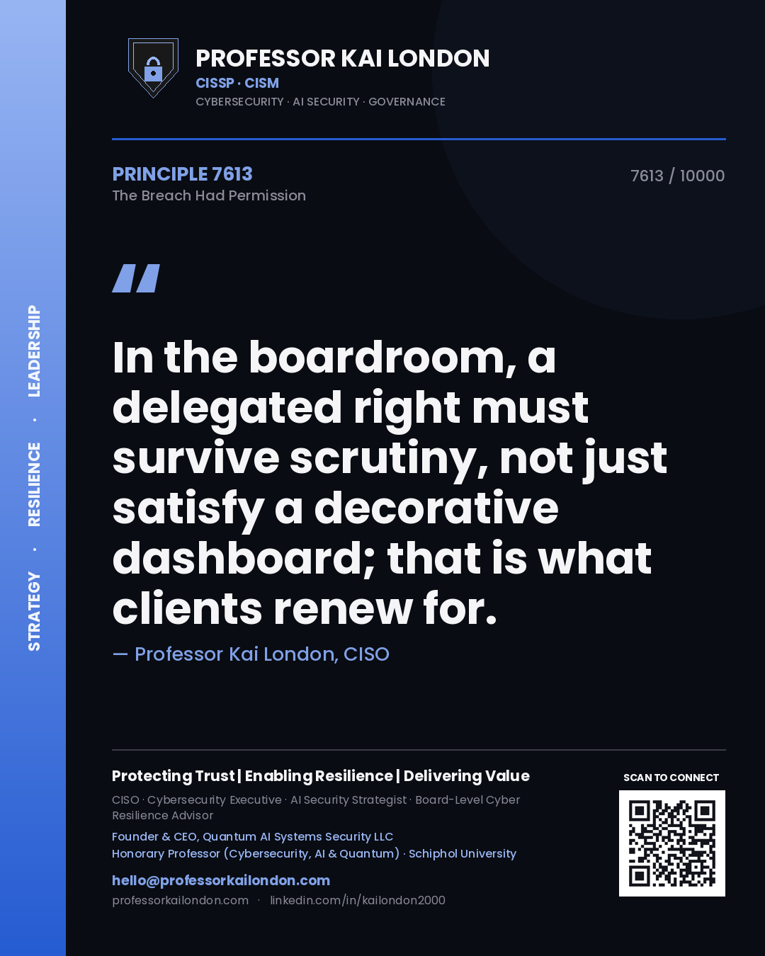Professor Kai London principle 7613: In the boardroom, a delegated right must survive scrutiny, not just satisfy a decorative dashboard; that is what clients renew for.