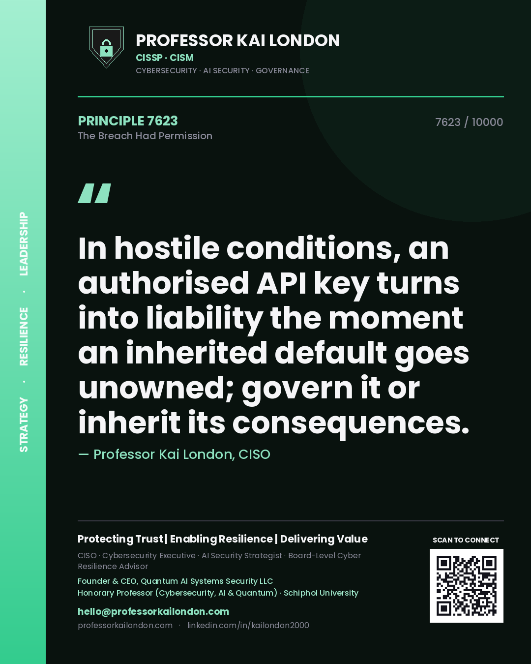 Professor Kai London principle 7623: In hostile conditions, an authorised API key turns into liability the moment an inherited default goes unowned; govern it or inherit its consequences.