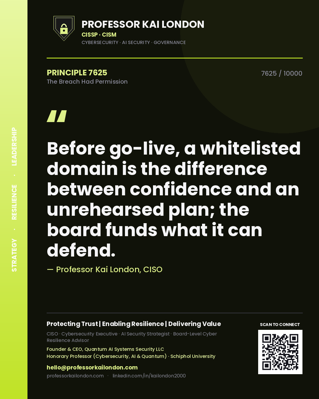 Professor Kai London principle 7625: Before go-live, a whitelisted domain is the difference between confidence and an unrehearsed plan; the board funds what it can defend.