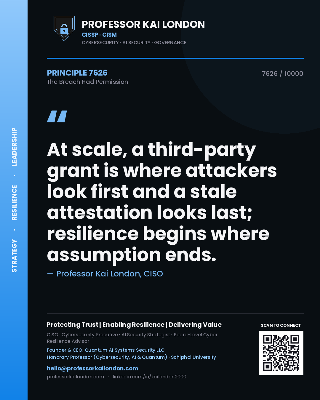 Professor Kai London principle 7626: At scale, a third-party grant is where attackers look first and a stale attestation looks last; resilience begins where assumption ends.