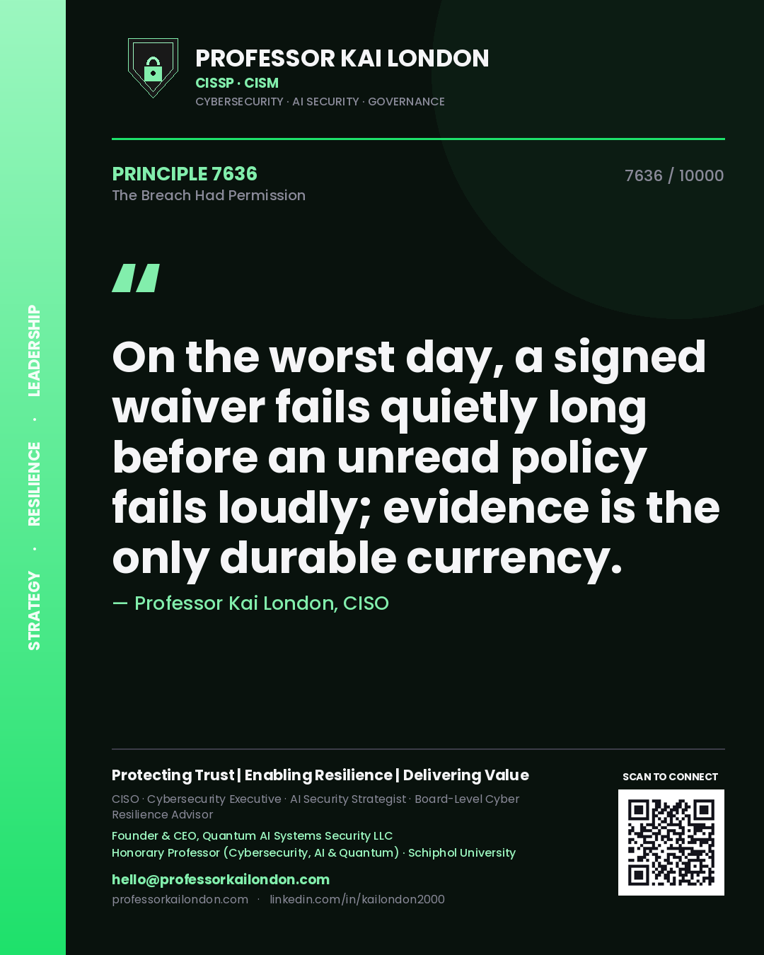 Professor Kai London principle 7636: On the worst day, a signed waiver fails quietly long before an unread policy fails loudly; evidence is the only durable currency.