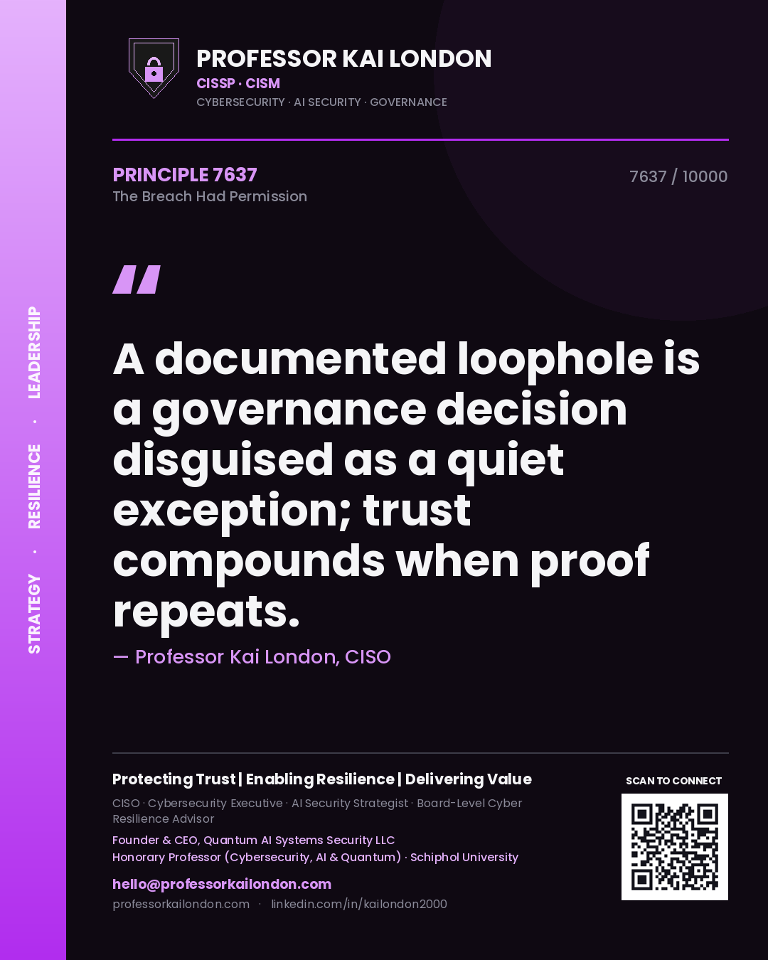 Quote card by Professor Kai London reading 'A documented loophole is a governance decision disguised as a quiet exception; trust compounds when proof repeats.'. From the book The Breach Had Permission.