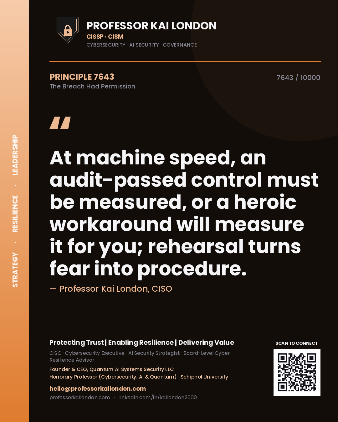 Quote card by Professor Kai London reading 'At machine speed, an audit-passed control must be measured, or a heroic workaround will measure it for you; rehearsal turns fear into procedure.'. From the book The Breach Had Permission.