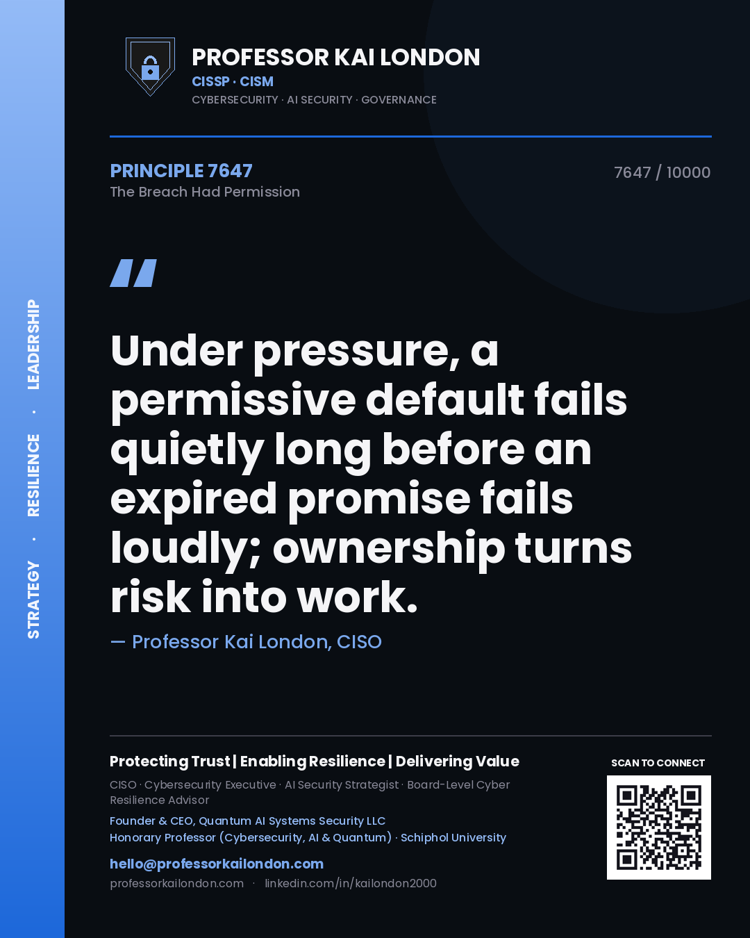 Professor Kai London principle 7647: Under pressure, a permissive default fails quietly long before an expired promise fails loudly; ownership turns risk into work.