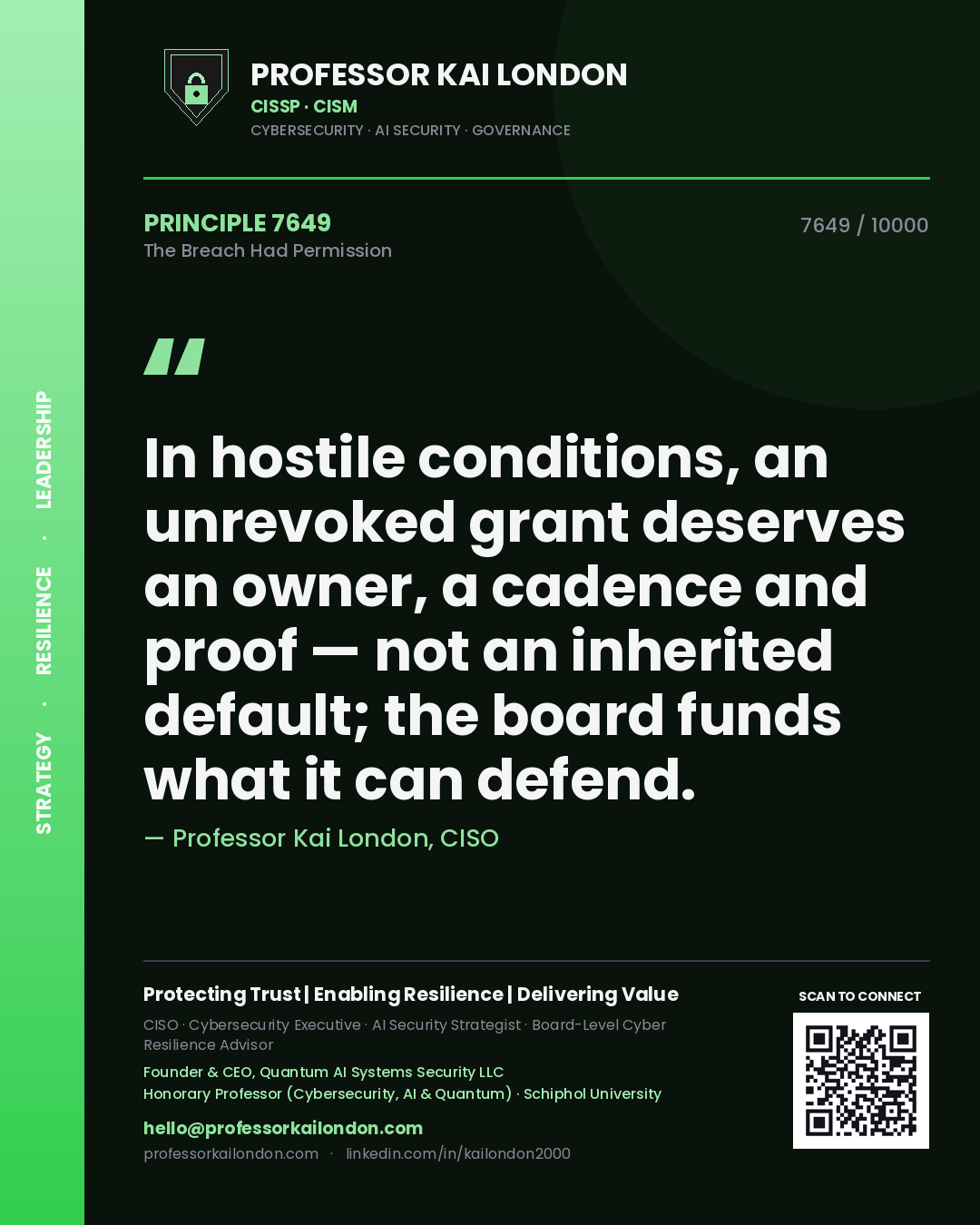 Quote card by Professor Kai London reading 'In hostile conditions, an unrevoked grant deserves an owner, a cadence and proof — not an inherited default; the board funds what it can defend.'. From the book The Breach Had Permission.