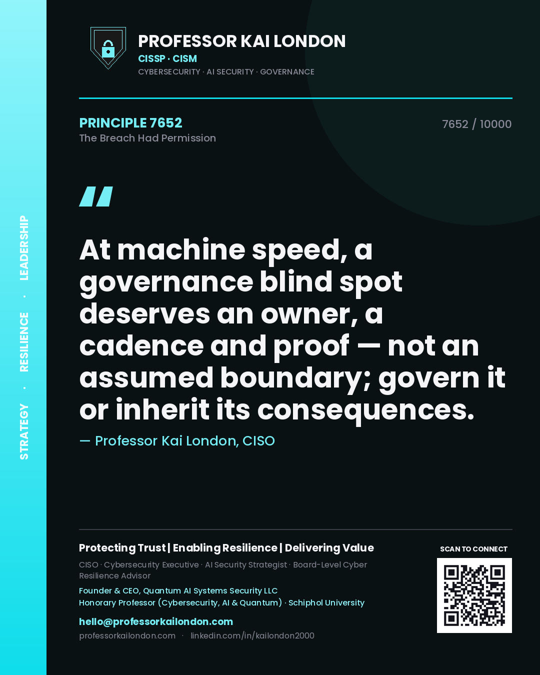 Quote card by Professor Kai London reading 'At machine speed, a governance blind spot deserves an owner, a cadence and proof — not an assumed boundary; govern it or inherit its consequences.'. From the book The Breach Had Permission.