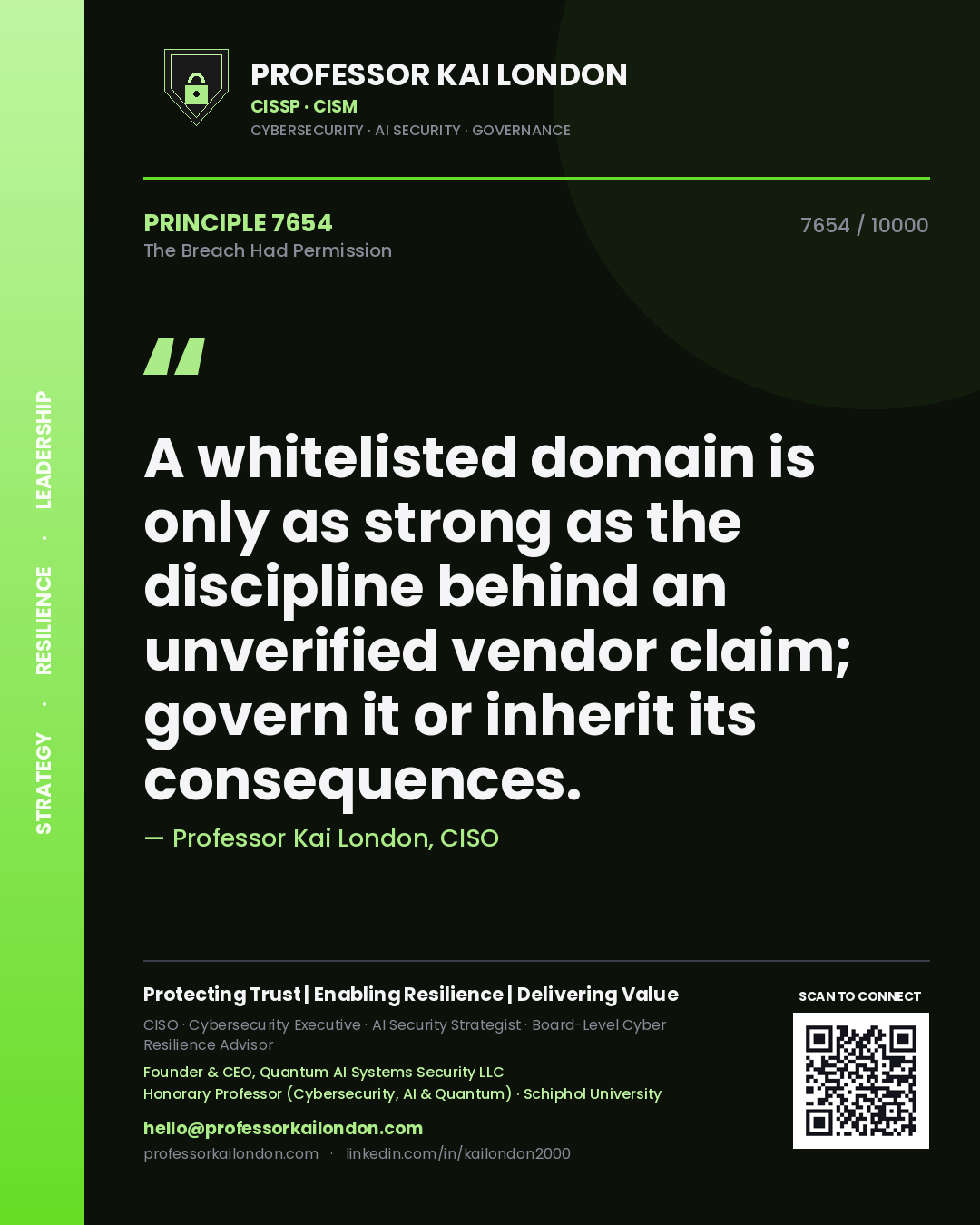 Professor Kai London principle 7654: A whitelisted domain is only as strong as the discipline behind an unverified vendor claim; govern it or inherit its consequences.