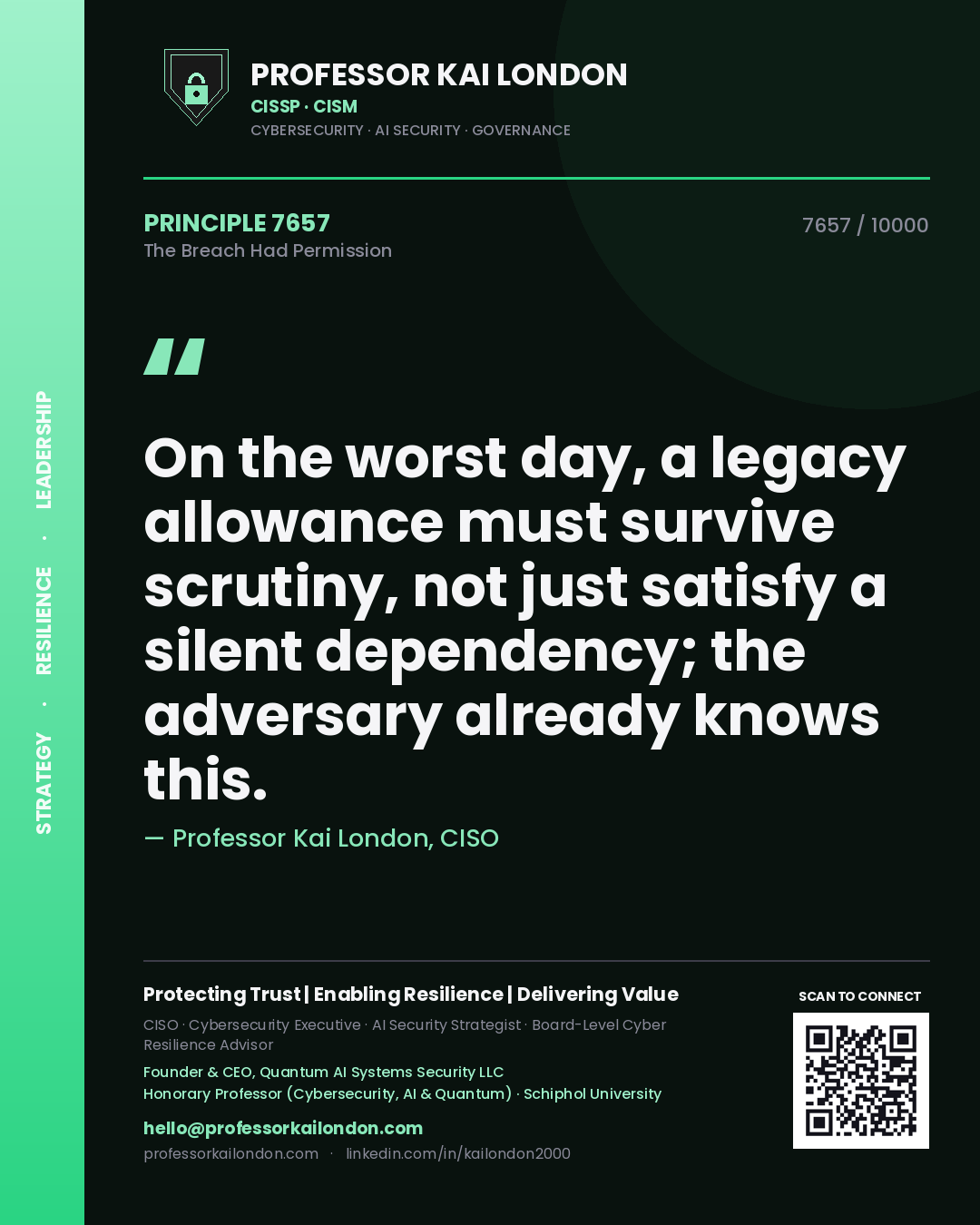 Professor Kai London principle 7657: On the worst day, a legacy allowance must survive scrutiny, not just satisfy a silent dependency; the adversary already knows this.